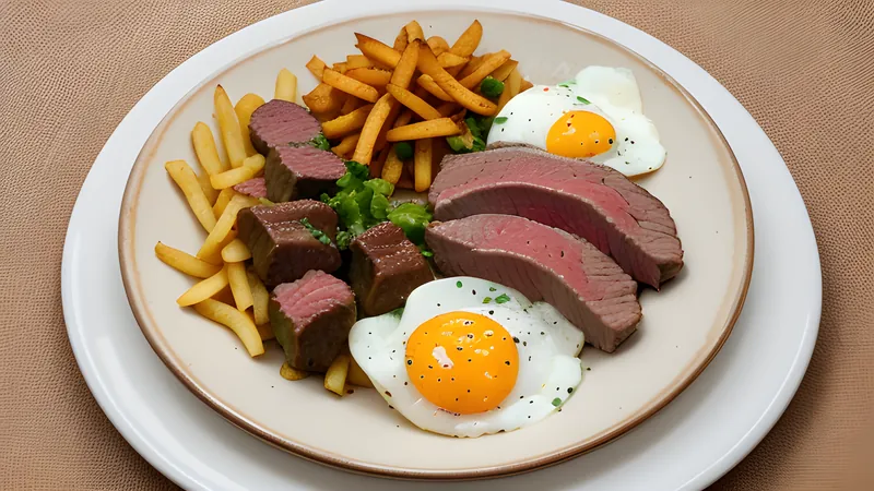 A large tray of pique macho piled with steak strips, sausage, chips, egg and tomato