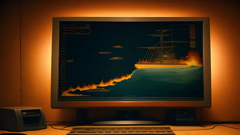 An amber compass rose bleeding into a dark CRT horizon, phosphor bloom and scanlines over a faint chart grid