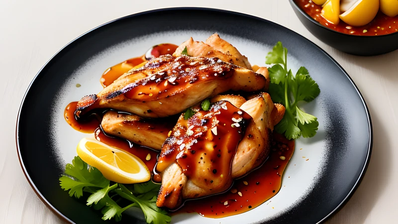 Charred spatchcocked chicken glossy with red chilli sauce and lemon