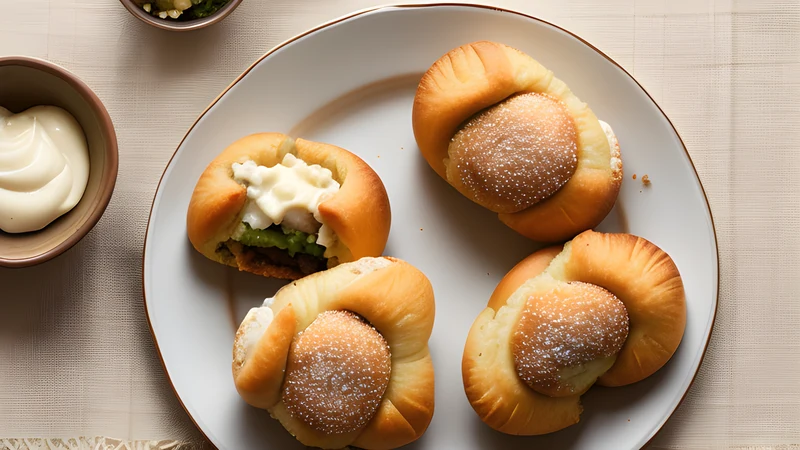 A tray of glossy golden oval buns, one broken open to show a cabbage and chopped egg filling
