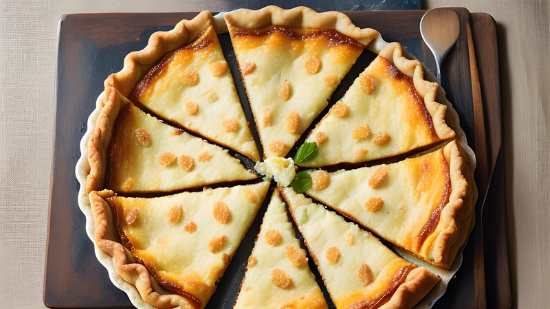A rectangular onion tart on a baking tray, thick pale-gold onion under a diamond lattice of anchovy fillets with black olives in each diamond