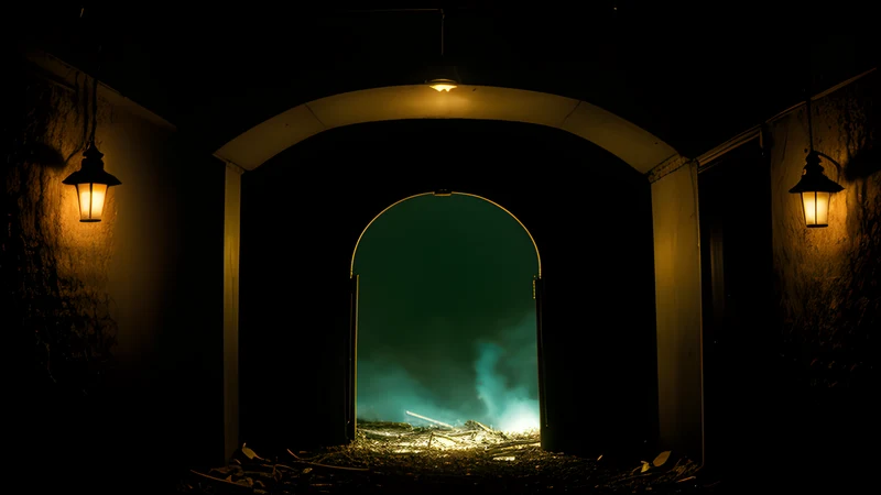 A figure in white on a motorbike crossing a bleak slag landscape, repertory cinema poster in teal and amber with projector light through smoke