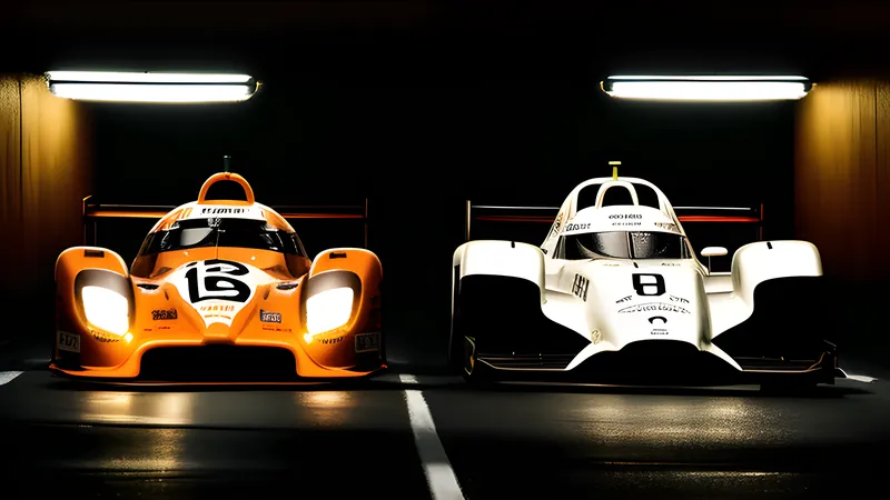 A split screen of two racing cars on parallel tracks with a pit lane crew waiting below, in warm CRT tones