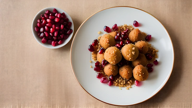 Small crimson beetroot and walnut pkhali balls topped with pomegranate seeds on a plate