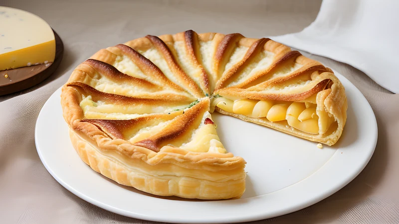 A round coiled pastry with a blistered golden top, one wedge cut away to show white cheese filling inside