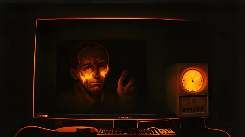 A scarred figure's reflection fractured across a wall of clocks