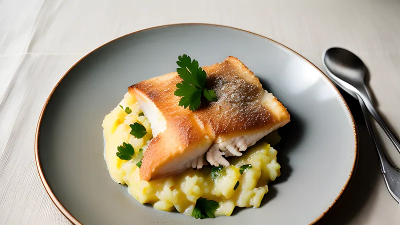 A shallow bowl of pale fish and potato mash flecked with black pepper, brown butter pooling on top, dark rye bread alongside