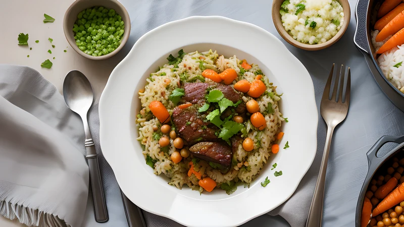 A wide pot of glistening golden rice with lamb, orange carrot strips, chickpeas and whole heads of garlic