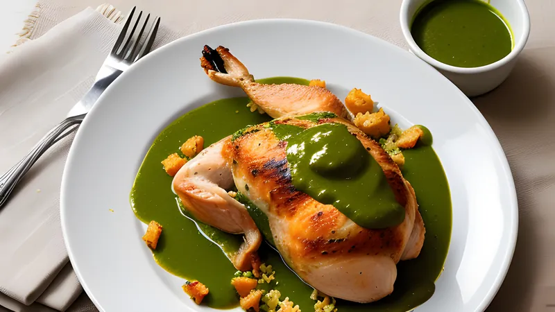 A whole roasted chicken with deep mahogany skin resting on a board beside a bowl of green aji sauce