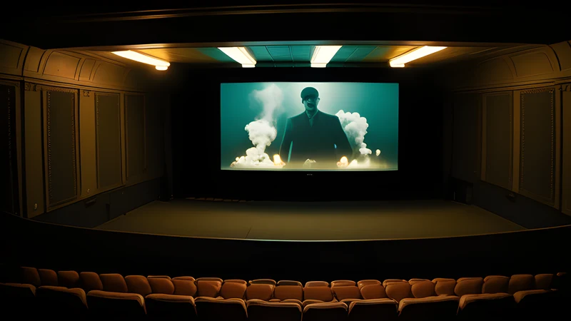 The interior of an old movie palace at night, popcorn scattered across the floor beneath a blank screen
