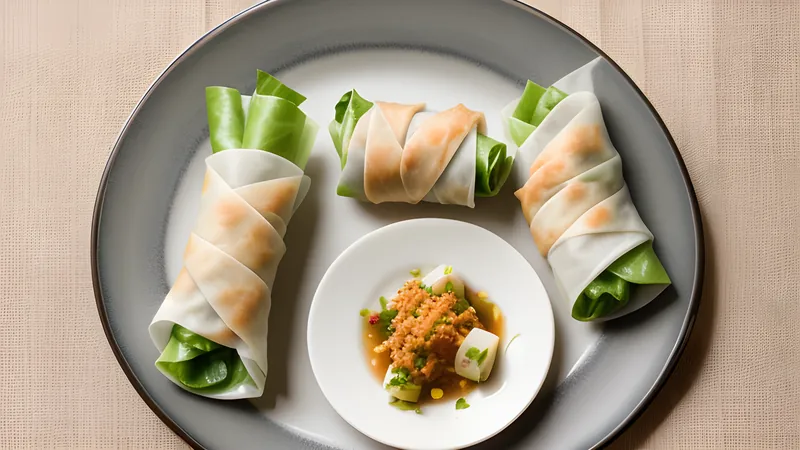 A popiah wrapper laid flat and filled with stewed turnip, egg, prawn and lettuce, ready to roll