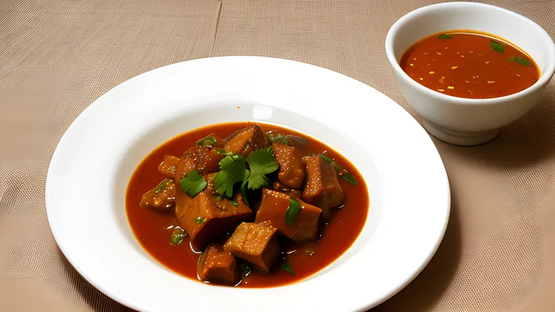 A dark red pork curry with visible oil sheen in a clay bowl, next to plain rice