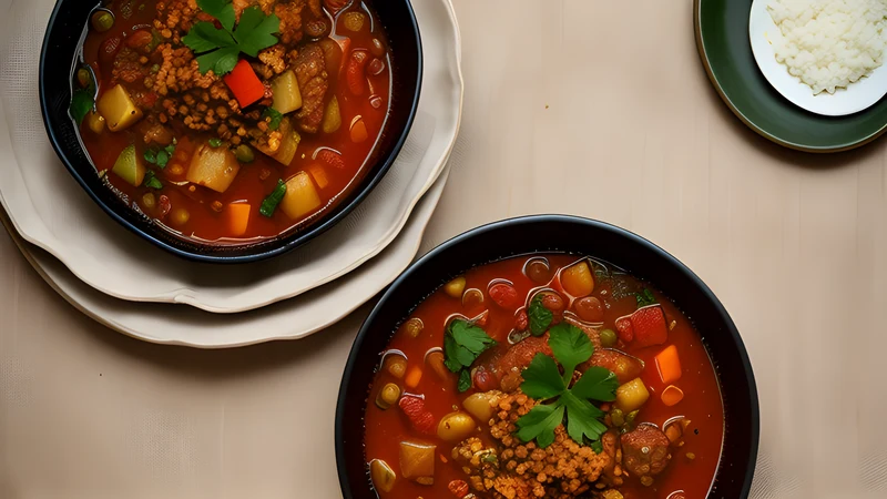 A dark red beef stew glossy with paprika fat in an enamel pot, with soft egg noodles beside it