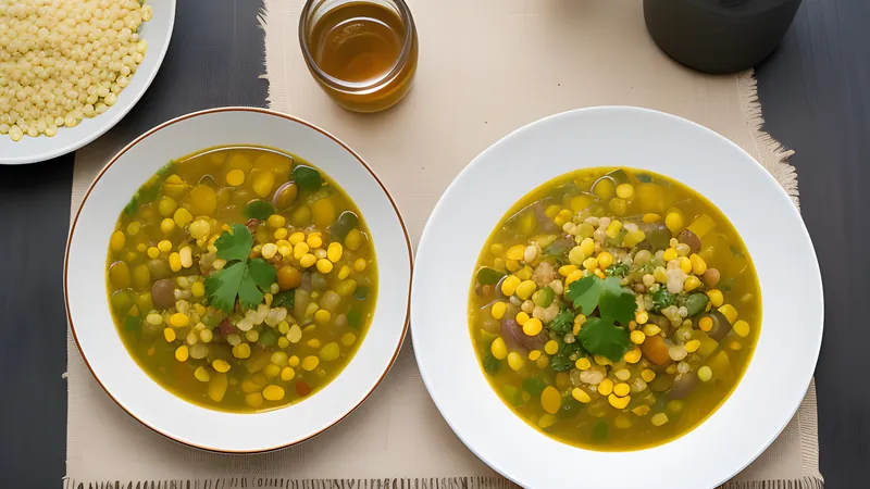A bowl of porotos granados bean stew with squash, corn and basil