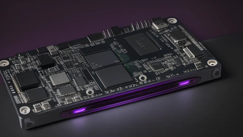 An invented handheld console body with an SD card sliding into a slot, circuit traces glowing beneath