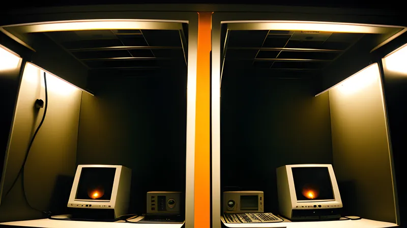 Two glowing oval portals facing each other across a sterile test chamber, amber CRT phosphor glow