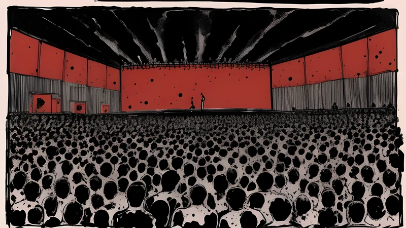 Ink illustration of a reliable Odense club stage with a steady crowd under a warm stage wash, crimson spot colour