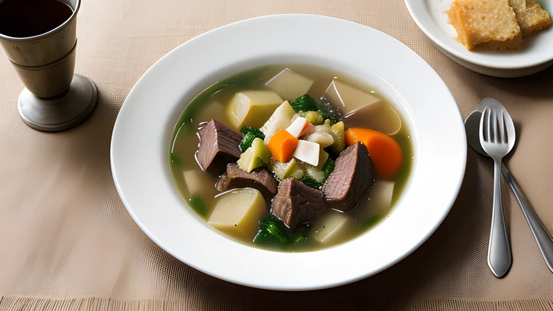 A platter of sliced boiled beef, marrow bones and root vegetables beside a bowl of clear amber broth