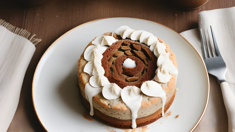 A ring-shaped walnut cake cut open to show tight dark spirals against pale dough