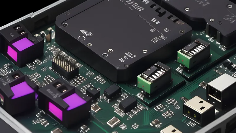 An invented USB hub body cutaway showing a power-management chip glowing beside a row of ports