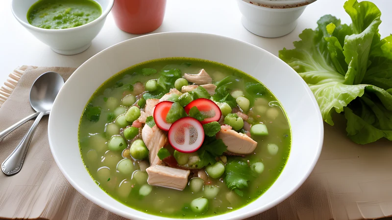 A bowl of green pozole with shredded chicken, hominy, sliced radish, shredded lettuce and toasted pepitas