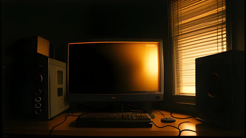 A coffee mug on a station desk under amber CRT glow, its shadow subtly the wrong shape