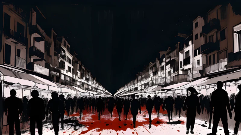 Ink illustration of a sprawling seaside festival at night, multiple stages glowing under a solar canopy, crimson accents