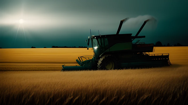 A wheatfield at dawn with a combine harvester standing in the crop
