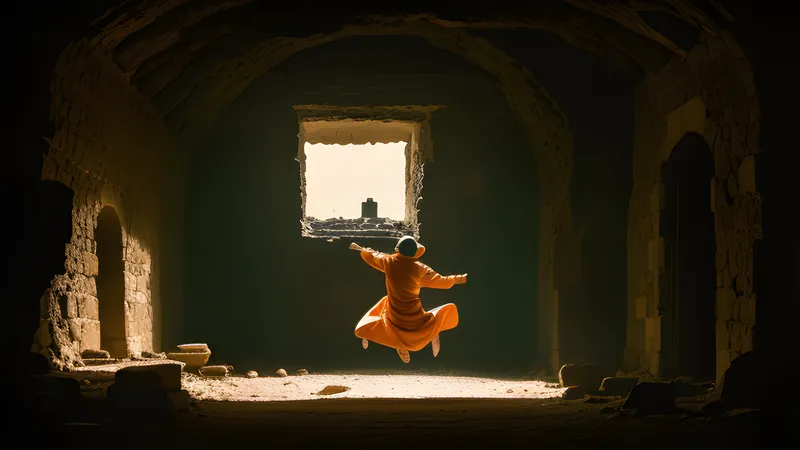 A robed figure leaping between sunlit stone ledges deep inside a palace shaft