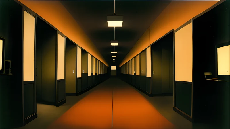 Identical corridors repeating away into a vanishing point under CRT glow