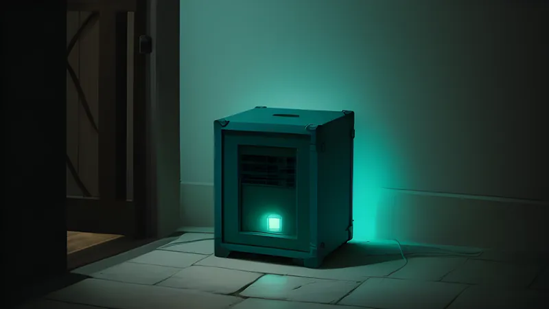 A small sealed glowing fanless box standing guard, a calm steady gate-light with no visible vents