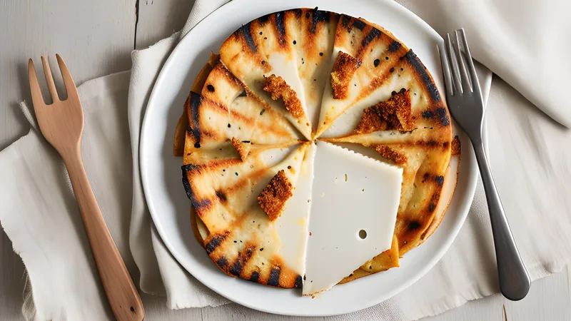 A blistered round of grilled provoleta cheese in a cast-iron pan with oregano
