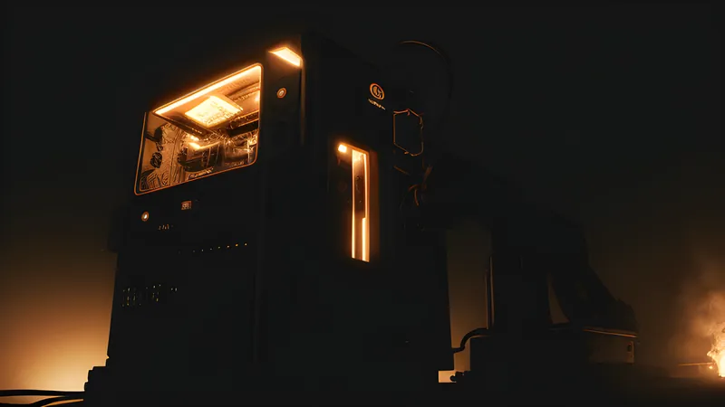 A graphics card lifted out of one glowing machine and lowered into another, editorial illustration in teal light