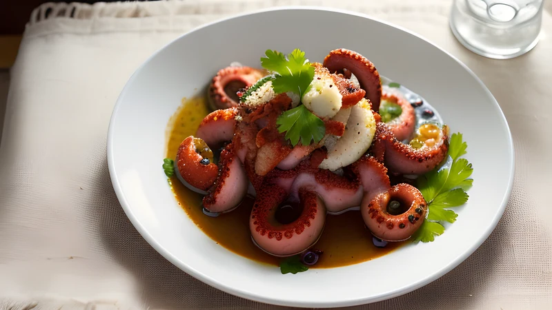 Slices of octopus tentacle on a wooden plate, dusted with red paprika and glossy with olive oil, coarse salt scattered over