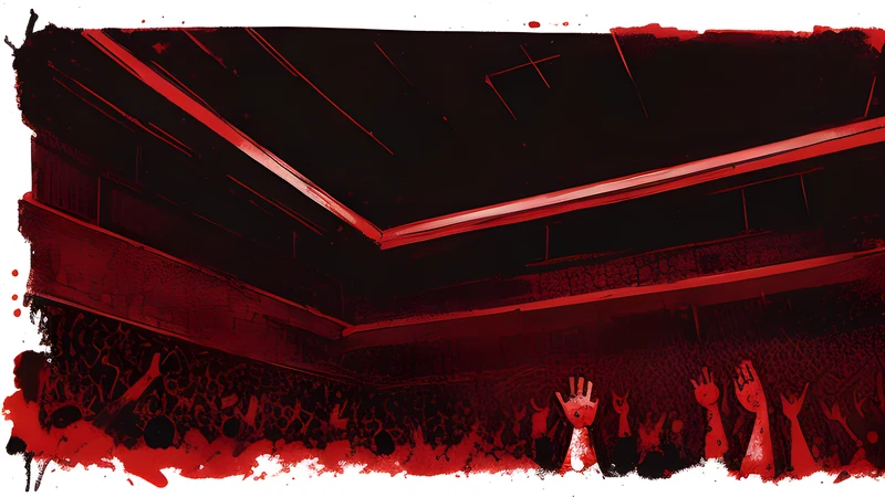 A mid-size brick venue interior washed in red stage light with raised hands