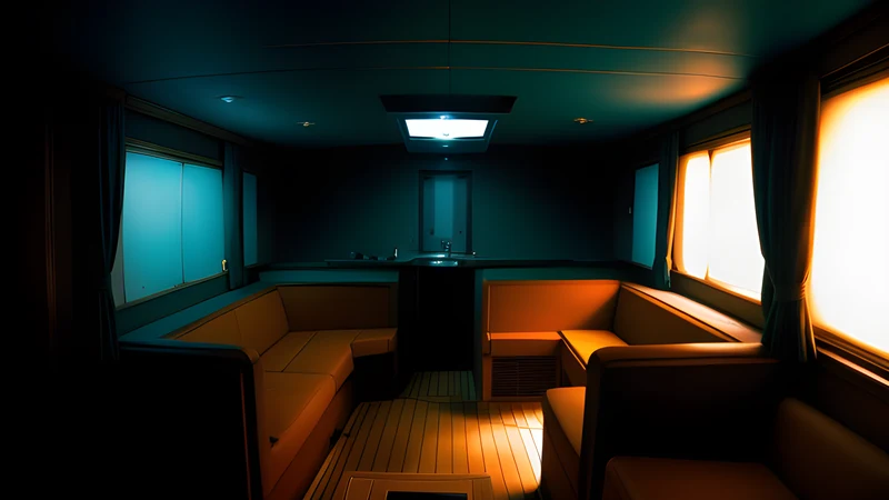 A yacht deck under hard Mediterranean sun, high-contrast teal and amber