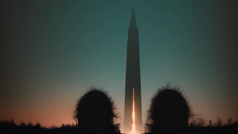 An art-deco skyscraper spire with a huge nest built at its crown, in teal and amber poster light