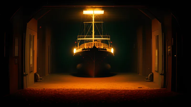 A lone ship with a glowing orb weaving through a biomechanical corridor in amber CRT glow