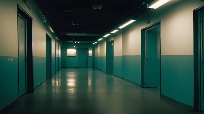 A clinic corridor of white tile receding into shadow under cold light