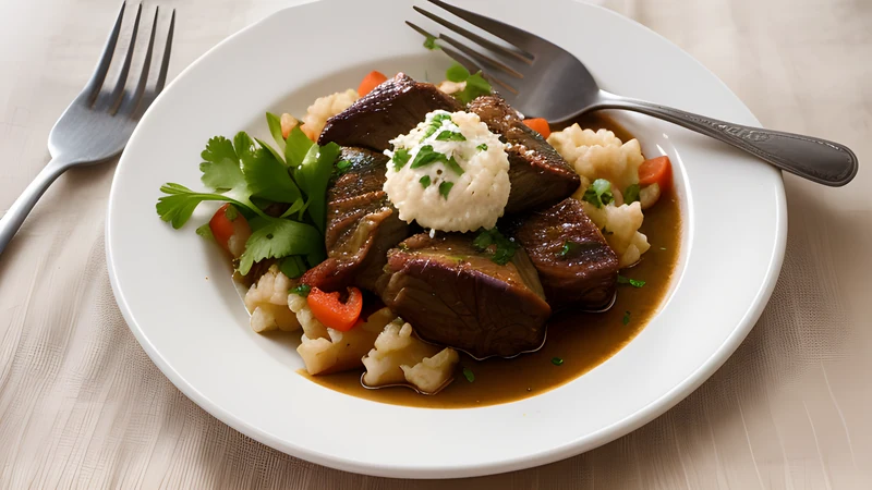 Dark braised oxtail pieces in glossy sauce in a cast iron pot, with a scattering of parsley