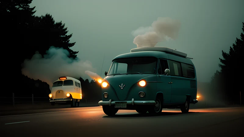 A camper van on a dark highway with a line of headlights closing in behind it, teal and amber grain