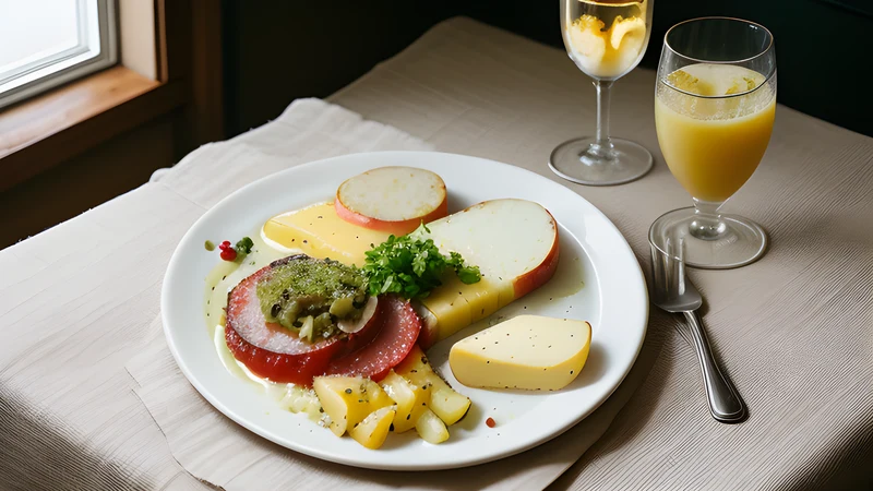 Molten cheese being scraped over hot boiled potatoes on a plate, with cornichons and pickled onions alongside
