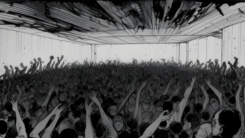 Ink illustration of a raw concrete basement venue with exposed pipes and a moshing crowd, crimson spot colour against grit