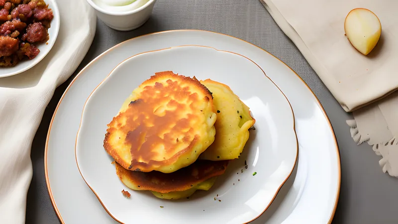 Golden lacy potato pancakes on a plate with strips of fried salt pork and a spoonful of red lingonberry jam