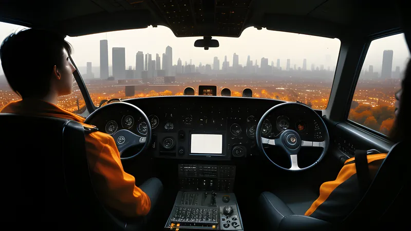 A cockpit bearing down on a defended city skyline in amber CRT glow