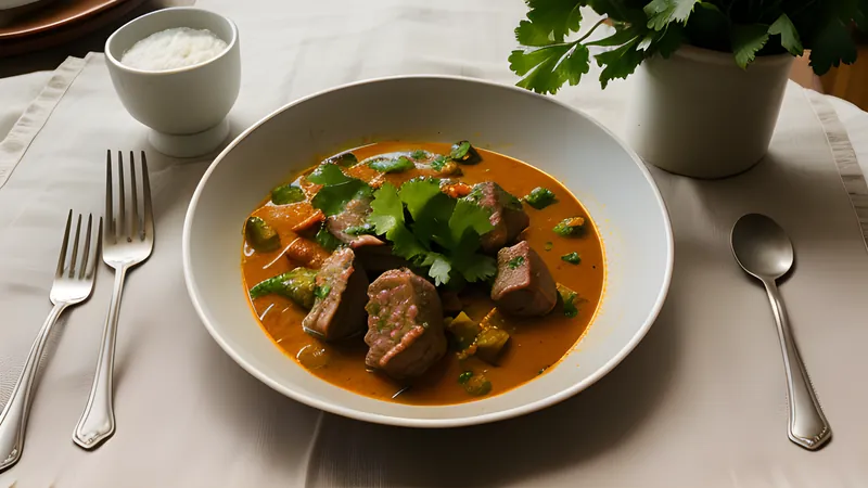 Railway mutton curry with potatoes served in a battered enamel dish