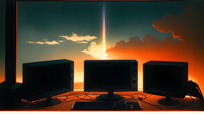 A rainbow arcing upward through a tower of drifting clouds toward a bright sky, warm CRT glow