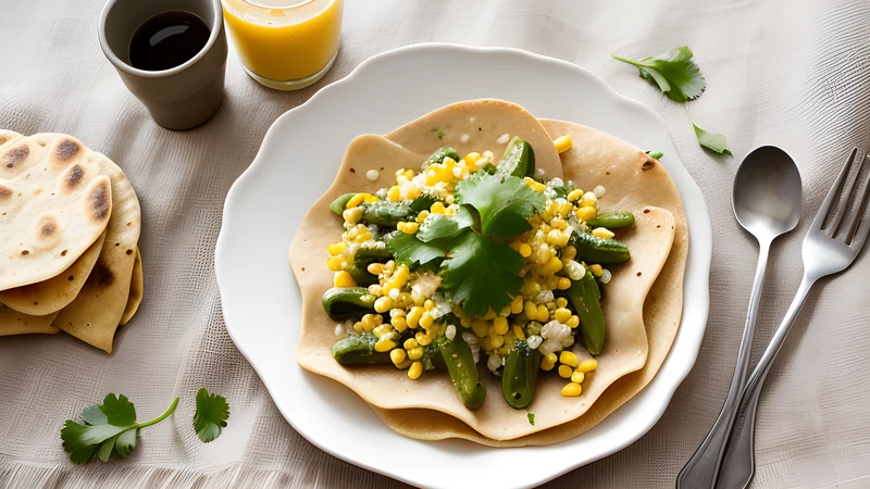 Strips of roasted poblano in cream with onion and corn, spooned onto warm corn tortillas