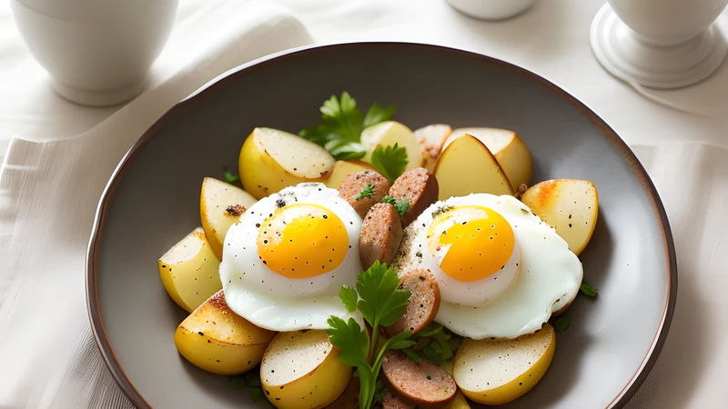 A dish of layered potato slices with egg and red sausage rounds under a blistered soured cream top, one portion lifted out