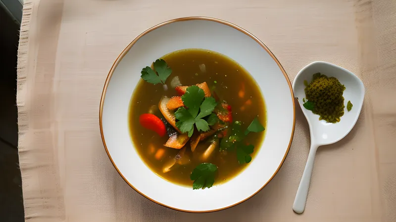 A bowl of thin orange-red rasam topped with curry leaves and a swirl of steam